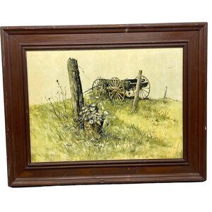 vintage wood framed print wagon fence floral landscape signed Daisys 19x15" READ